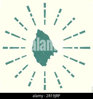 La Digue Logo. Grunge sunburst poster with map of the island. Shape of La Digue filled with hex digits with sunburst rays around. Radiant vector illus Stock Vector