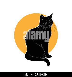 Vector image of a black cat sitting on a white background with a yellow circle Stock Vector
