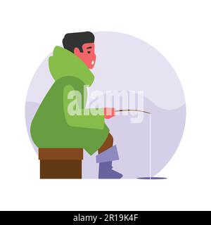 Fisherman fishing flat color vector faceless character. Fisherman with fishing rod cartoon illustration Stock Vector