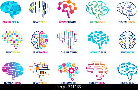 Brain emblem template. Smart assistant, ai and human brains, neural engine and creative mind vector icons set Stock Vector