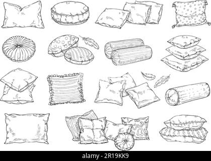 Cushion sketch drawing. Hand drawn bedroom pillows, doodle cozy home textile sleeping accessories vector illustration set Stock Vector