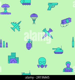 War and military seamless pattern in colored line style. Vector illustration. Stock Vector