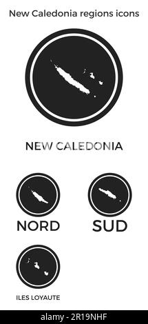 New Caledonia regions icons. Black round logos with country regions maps and titles. Vector illustration. Stock Vector
