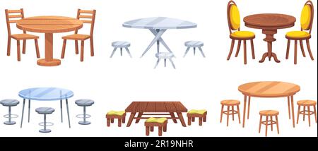 Cartoon furniture. Tables with chairs for dining, restaurant and picnic scene. Table for two vector illustration set Stock Vector