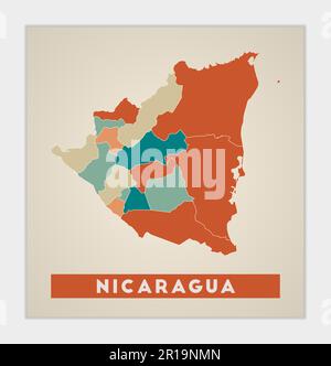 Nicaragua poster. Map of the country with colorful regions. Shape of Nicaragua with country name. Charming vector illustration. Stock Vector