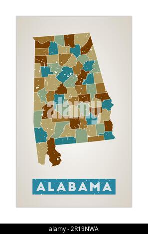 Alabama map. Us state poster with regions. Old grunge texture. Shape of Alabama with us state name. Vibrant vector illustration. Stock Vector