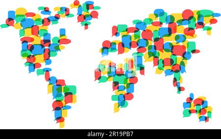 World talk. Global forum, worldwide opinions and colourful speech bubbles map. Free speech, earth languages translation Stock Vector