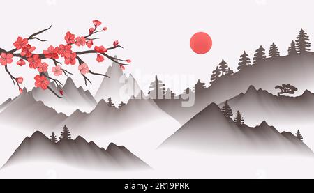 Chinese landscape painting. Oriental asian background with foggy mountains and sakura blossom branch vector illustration Stock Vector