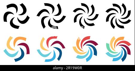 Circle arc cuts arranged in larger round, forming swirl or fan blades like symbol,  version with five to eight elements Stock Vector