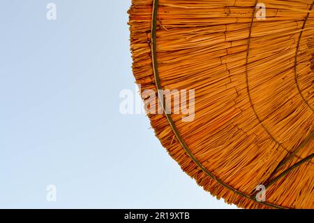 Texture of beautiful straw natural sun umbrellas made from hay in a tropical desert resort, resting against the blue sky. Stock Photo