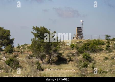 Jerusalem, Israel - May 6th, 2022: An Iron Dome anti rocket battery, deployed in the Judea mountains, near Jerusalem, Israel. Stock Photo