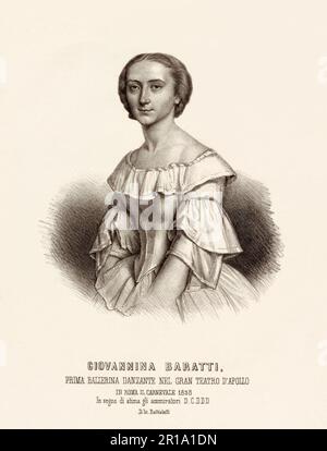 1858 , Rome , ITALY : The celebrathed italian ballerina GIOVANNINA BARATTI , when was the Prima Ballerina at Gran Teatro D'Apollo in Roma . Portrait by Battistelli , Roma . - HISTORY - FOTO STORICHE - BALLERINA - ballet -  BALLETTO CLASSICO - THEATRE -  TEATRO - DANCE - DANZA  - CLASSICAL - dancer  - incisione - engraving - illustrazione - illustration - OTTOCENTO - '800 - 800's - PORTRAIT - RITRATTO ---  Archivio GBB Stock Photo