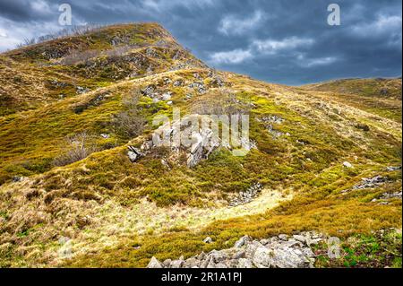 Early spring landscape of Połonina Wetlińska with the Mount Roh in the Bieszczady Mountains. Stock Photo