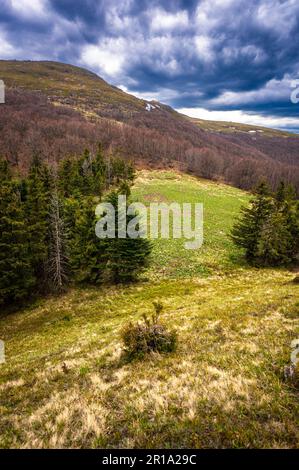 Early spring landscape of Połonina Wetlińska with the Mount Roh in the Bieszczady Mountains. Stock Photo