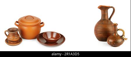 A set of dishes made of clay isolated on a white background. Collage. Wide photo. There is space for text. Stock Photo