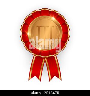 Bronze medal with red ribbon. Round bronze medal 3D with red ribbon folds. Insignia, achievement award. Vector illustration. Stock Vector
