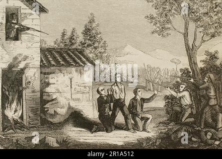 History of banditry, 19th century. Catalonia. 'One of the Tristany family threatens Mas Jr. that if he does not surrender he will kill his father, Francisco de Asís Mas, and his friends, the Fornells brothers: 'Will you surrender? If you don't, we'll shoot your father and friends'. Engraving. 'Historia de las Escuadras de Cataluña, intercalada con la vida y hechos de los más célebres ladrones y bandoleros' (History of the Squadrons of Catalonia, interspersed with the life and facts of the most famous thieves and bandits). By José Ortega y Espinós (1815-1876). Barcelona, 1876. Stock Photo