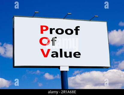 POV Proof of value symbol. Concept words POV Proof of value on beautiful big billboard. Beautiful blue sky cloud background. Business and POV Proof of Stock Photo