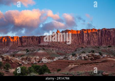 Sunrise light on the sandstone formations of Capitol Reef National Park in Utah. Stock Photo