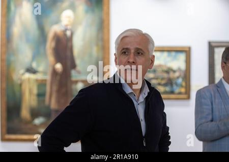 Moscow, Russia. 12th May, 2023. Artist Vasily Nesterenko at the exhibition of his works 'We are Russians, God is with us!' in the Central Exhibition Hall 'Manege' in Moscow, Russia. Stock Photo