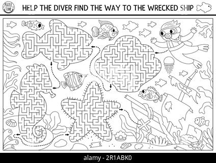Under the sea black and white maze for kids with clown fish, seahorse ...
