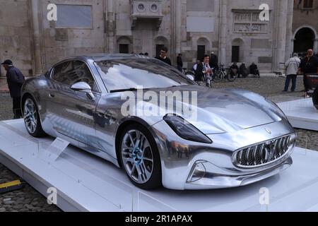 Modena, Italy, may 12 2023, Maserati GranTurismo Folgore, experimental electric super sports car in aluminium, public exhibition Motor Valley 2023 in Stock Photo