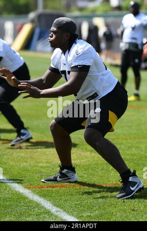 Pittsburgh Steelers number one draft pick, offensive tackle Broderick Jones  (77), warms up during the NFL football team's rookie minicamp in Pittsburgh  Friday, May 12, 2023. (AP Photo/Gene J. Puskar Stock Photo - Alamy