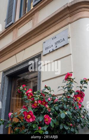 Street sign pointing at Via della Spiga, famous street of luxury fashion brands and stores in Milan city center, Lombardy region, Italy Stock Photo