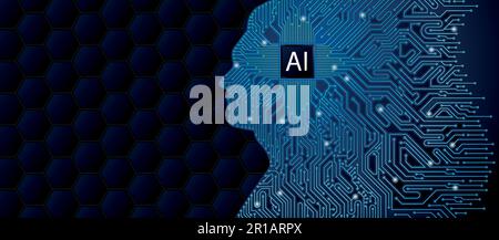 Circuit board in light blue lines and dots with microprocessor with letters AI inside the blue silhouette of a man's head against a dark background Stock Vector