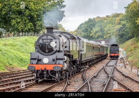 BR '4MT' 2-6-4T No. 80151 arrives at Horsted Keynes station on the Bluebell Railway, East Sussex Stock Photo