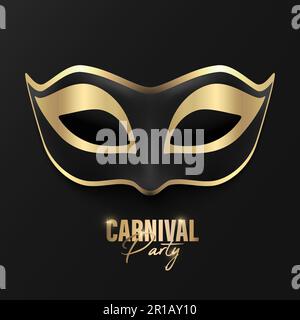 Vector 3d Realistic Black and Golden Carnival Face Mask Icon CLoseup Isolated. Mask for Party, Masquerade Closeup. Design Template of Mask. Carnival Stock Vector