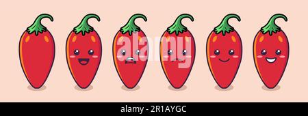 Vector Cartoon Cute and Funny Red Hot Chili Pepper Icon Set. Kawaii Style. Fresh Chili Hot Pepper with Different Emotions. Design Template for Stock Vector