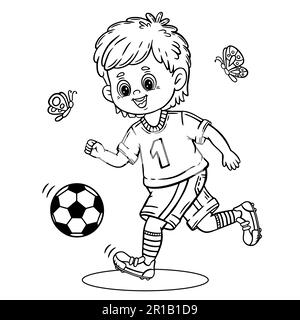 Cute football soccer player boy, little child play sport game coloring book page. Kid sportsman cartoon character running, kicking ball outline vector Stock Vector