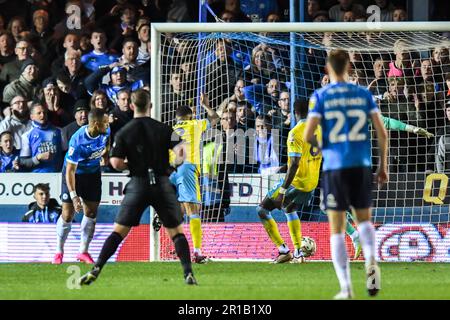 Peterborough, UK. 12th May 2023. Jonson Clarke Harris (9 Peterborough United) scores teams 4th goal during the Sky Bet League 1 Play Off Semi Final 1st Leg between Peterborough and Sheffield Wednesday at London Road, Peterborough on Friday 12th May 2023. (Photo: Kevin Hodgson | MI News) Credit: MI News & Sport /Alamy Live News Stock Photo