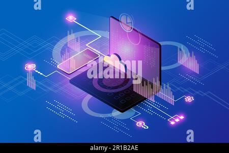 Software, web development, programming concept. Abstract phone and programming code on laptop screen. Laptop and company network icons. Technological Stock Vector