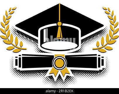 Graduate class template logo with laurel wreath, graduation cap and diploma certificate. Vector on transparent background Stock Vector