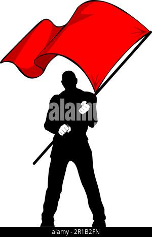 Man with red flag. Silhouette of protesting rebel  holding banner. Vector on transparent background Stock Vector