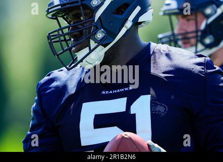 Seattle Seahawks center Evan Brown looks on during the NFL football team's  training camp, Wednesday, Aug. 9, 2023, in Renton, Wash. (AP Photo/Lindsey  Wasson Stock Photo - Alamy