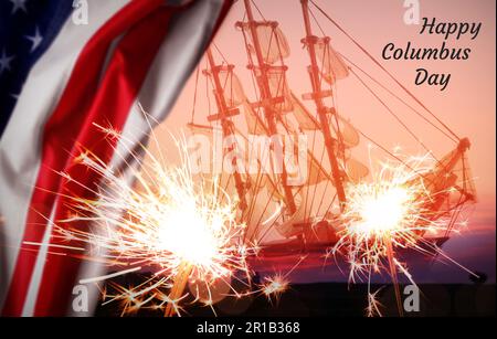 Happy Columbus Day. Burning sparkler, American flag and ship at sunset Stock Photo