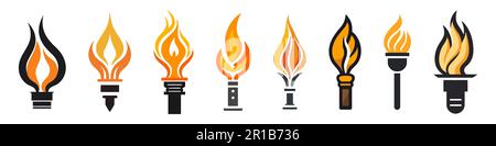 Icons, logo torch with flame isolated on white background. vector set. Stock Vector