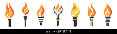 Icons, logo torch with flame isolated on white background. vector set. Stock Vector