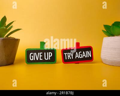 Wooden board and green plant with the word GIVE UP TRY AGAIN on yellow background Stock Photo
