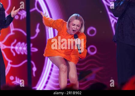 May 12, 2023: May 12, 2023, Liverpool, Merseyside, United Kingdom: England: Monika Linkyte form Lithuania performs in The Eurovision Song Contest 2023 Final with her song â€˜Stayâ€™ . The Contest is taking place in Liverpool, after Ukraine, winner of the 2022 contest with the song 'Stefania' by K. Orchestra, was unable to meet the demands of hosting the event due to security concerns caused by the Russian invasion. (Credit Image: Â© Andy Von Pip/ZUMA Press Wire (Credit Image: © Andy Von Pip/ZUMA Press Wire) EDITORIAL USAGE ONLY! Not for Commercial USAGE! Stock Photo
