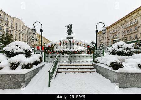 Moscow, Russia - Jan 23, 2022: Statue of Yuriy Dolgorukiy on Tverskaya street in Moscow, Russia during the winter. Stock Photo