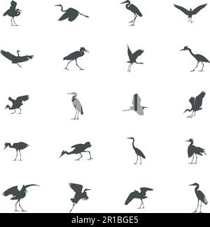 Heron silhouette, Heron vector illustration, Bird silhouette, Heron icon set. Stock Vector