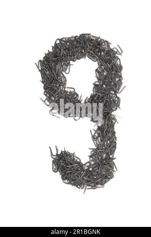 artistic isolated Letter g made from steel staples isolated on a white background write, font, type style, Stock Photo
