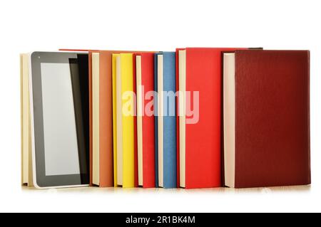 Composition with books and tablet computer isolated on white background Stock Photo