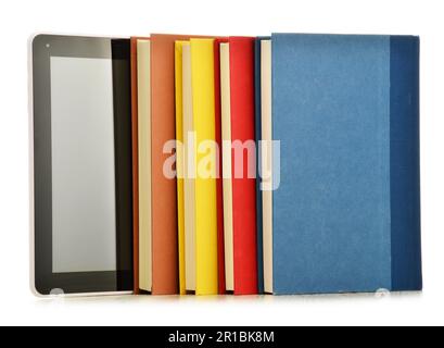 Composition with books and tablet computer isolated on white background Stock Photo