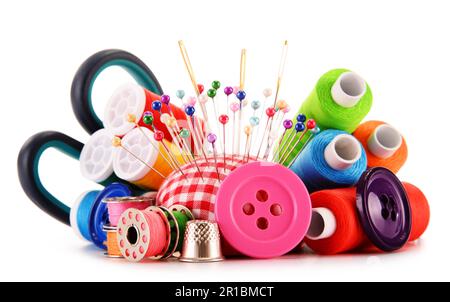Composition with tailor threads isolated on white background Stock Photo