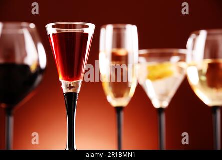 Glasses with assorted alcoholic beverages Stock Photo